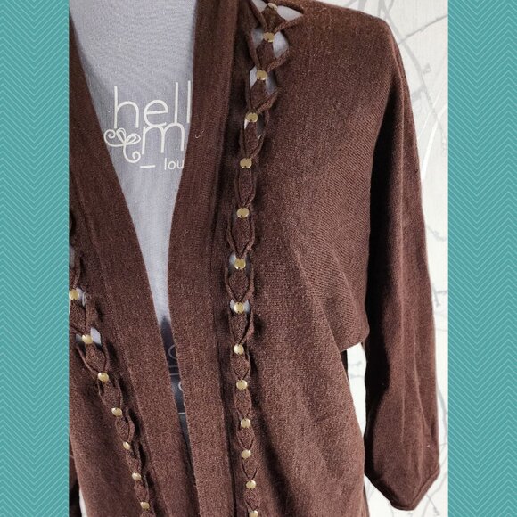 Jones New York Brown Linen Cotton Knit Lattice Open Cardigan - Picture 2 of 5